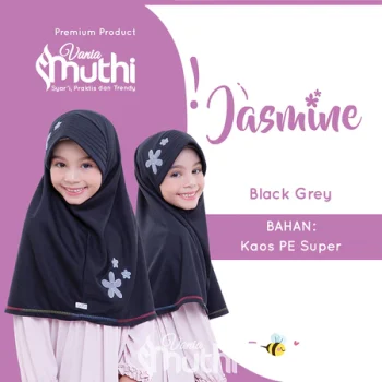 Vania Muthi Jilbab Anak Lucu Kerudung Instan Sekolah PAUD TK SD Anti Gerah Motif Bunga Jasmine Hitam Abu JSXS17